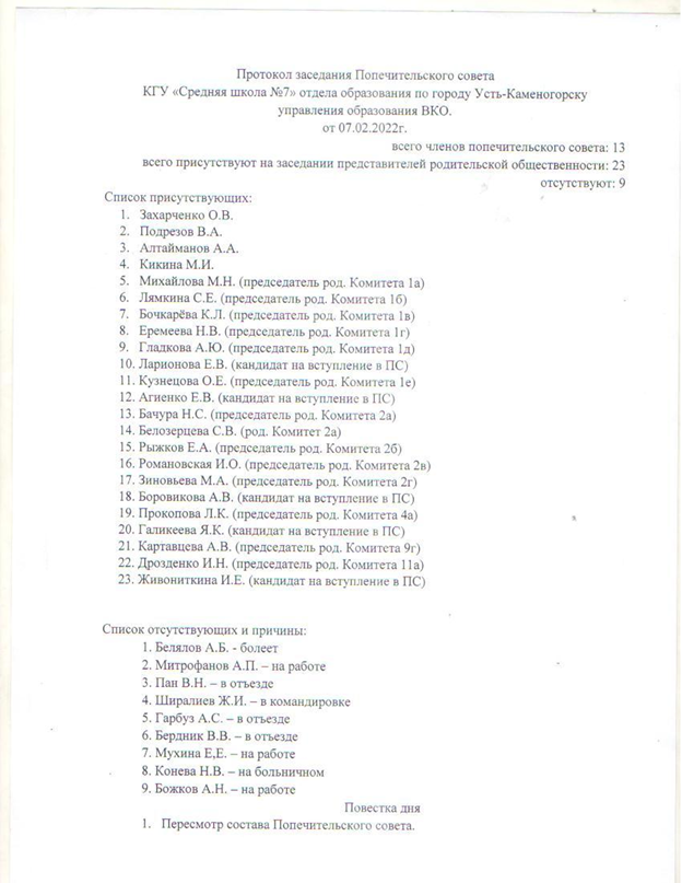 07.02.2022 Протокол о пересмотре состава попечительского совета на 2022-2025 гг.