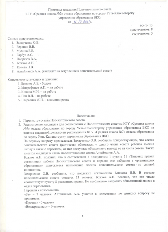 11.10.2021. Протокольное решение по итогам собеседования с кандидатами на занятие вакантной должности рукводителя организации