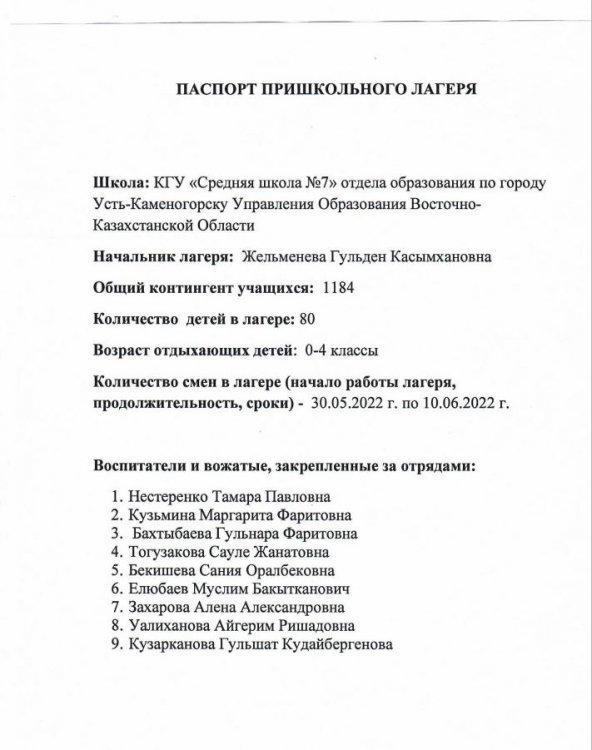 Паспорт пришкольного лагеря